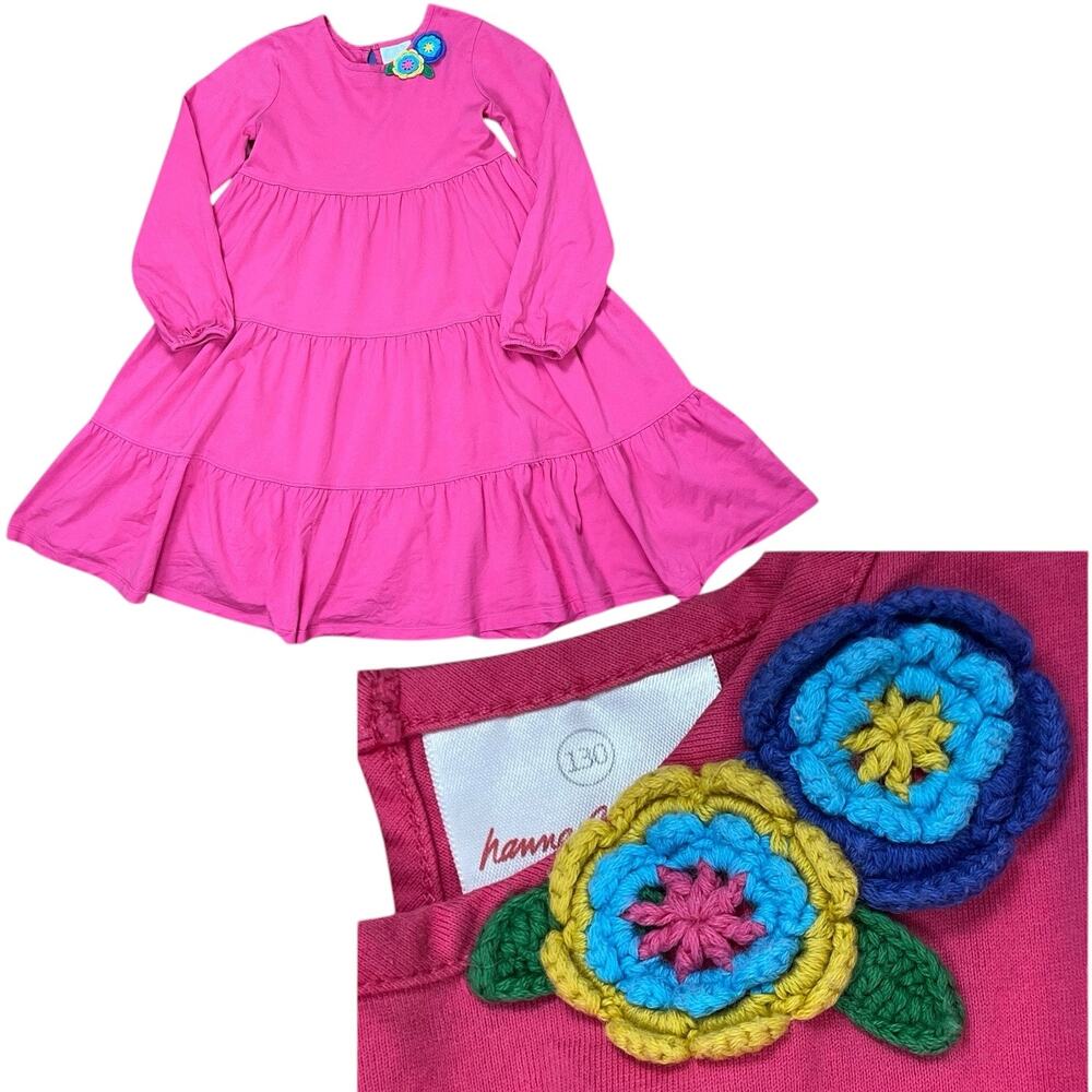 Hanna Andersson Girls Sz 8 Tiered Pink Long Sleeve Dress Crochet Flower Accent